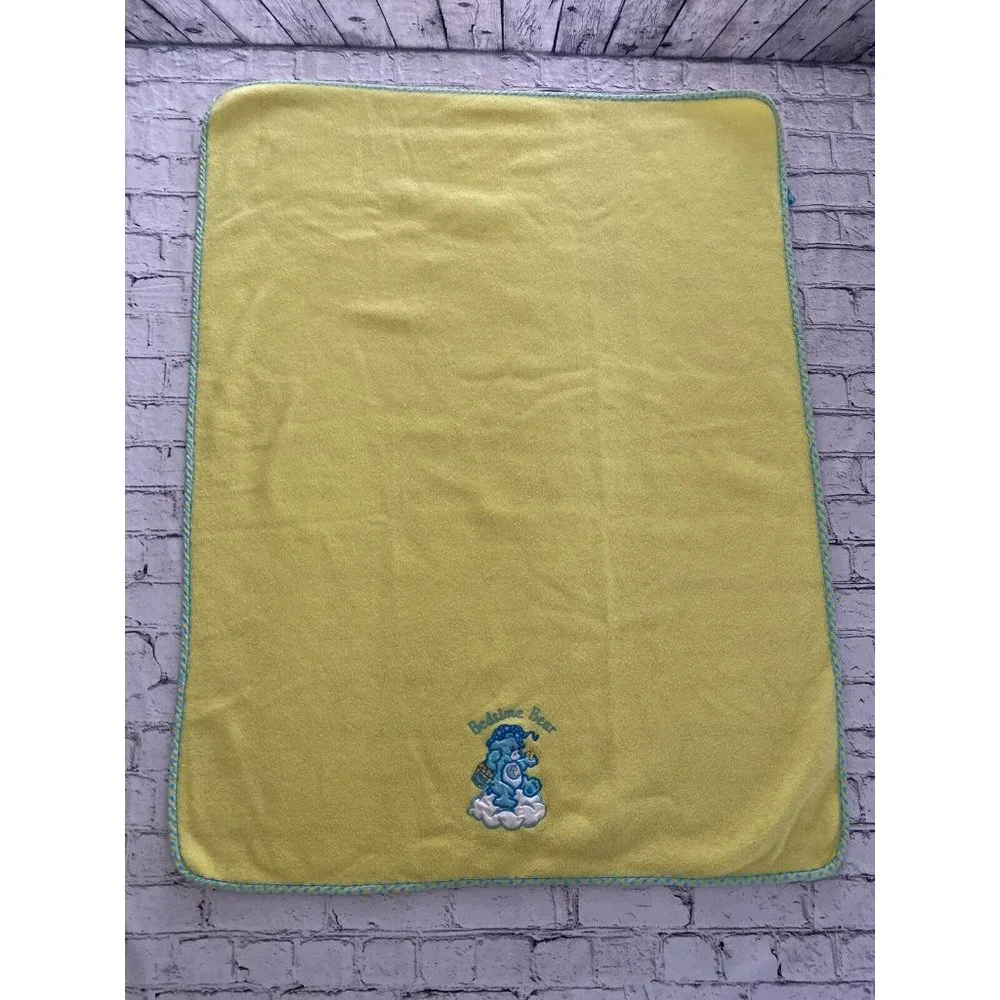 Vintage Care Bears Fleece Baby Blanket Bedtime Bear Sweet Dreams Yellow Blue EUC